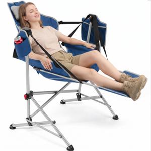 Hammock Camping Chair with Footrest, Oversized Swinging Folding Camp Chair for Adults, Adjustable Back & Seat, Heavy Duty Rocking Chair with Cup Holder & Pillow for Outdoor Patio Lawn RV, Blue
