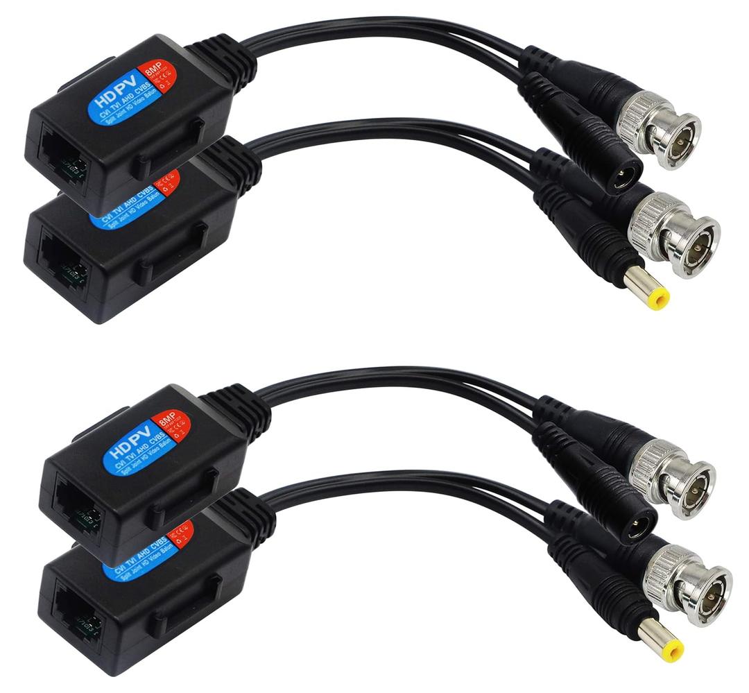 Balun HD Cat5 RJ45 to BNC Video Baluns transceiver Passive with Power Connector for 720P 1080P 3MP 4MP 5MP 8MP HD-CVI/TVI/AHD/CVBS/960H Camera(2 Pairs)