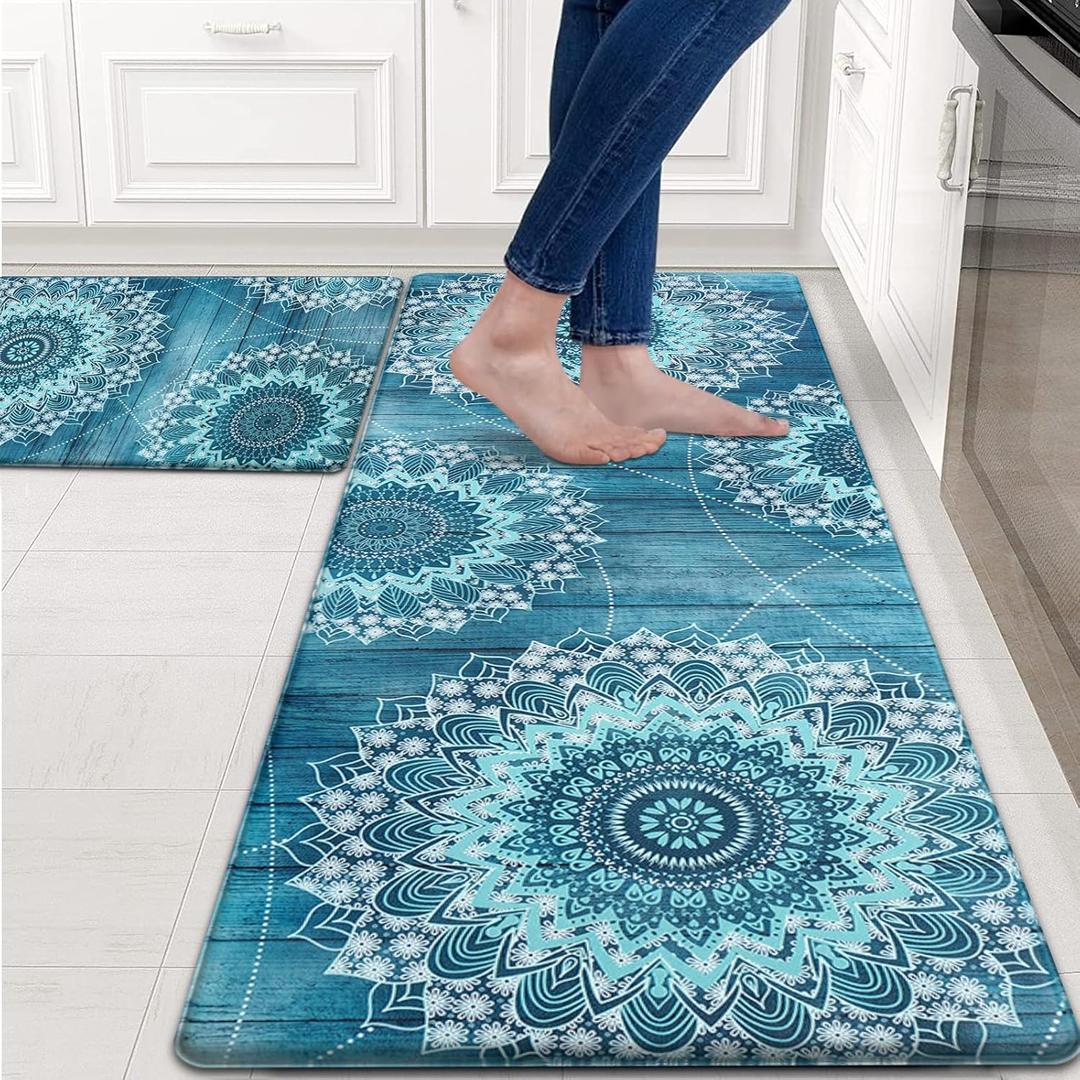 FRAMICS Kitchen Mats for Floor 2 Piece, Waterproof Non Slip, Memory Foam Cushioned, Floral Kitchen Rugs Set, Teal 17.3"30"+17.3"47"
