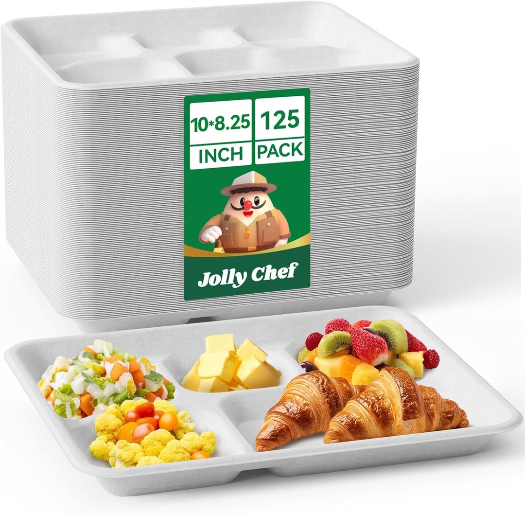 JOLLY CHEF Compostable  Compartment Paper Plates  *   [ ] Heavy Duty Divided Disposable White Eco-Friendly Biodegradable Container Food Tray for Party Dinner Lunch Buffet (10*8.25in-125pack)