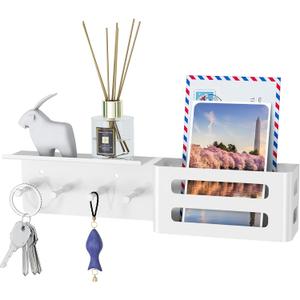 MKO Key Holder for Wall, 12.2In Mail Organizer Holder with Shelf, Metal Key Rack Adhesive Wall Mount, White