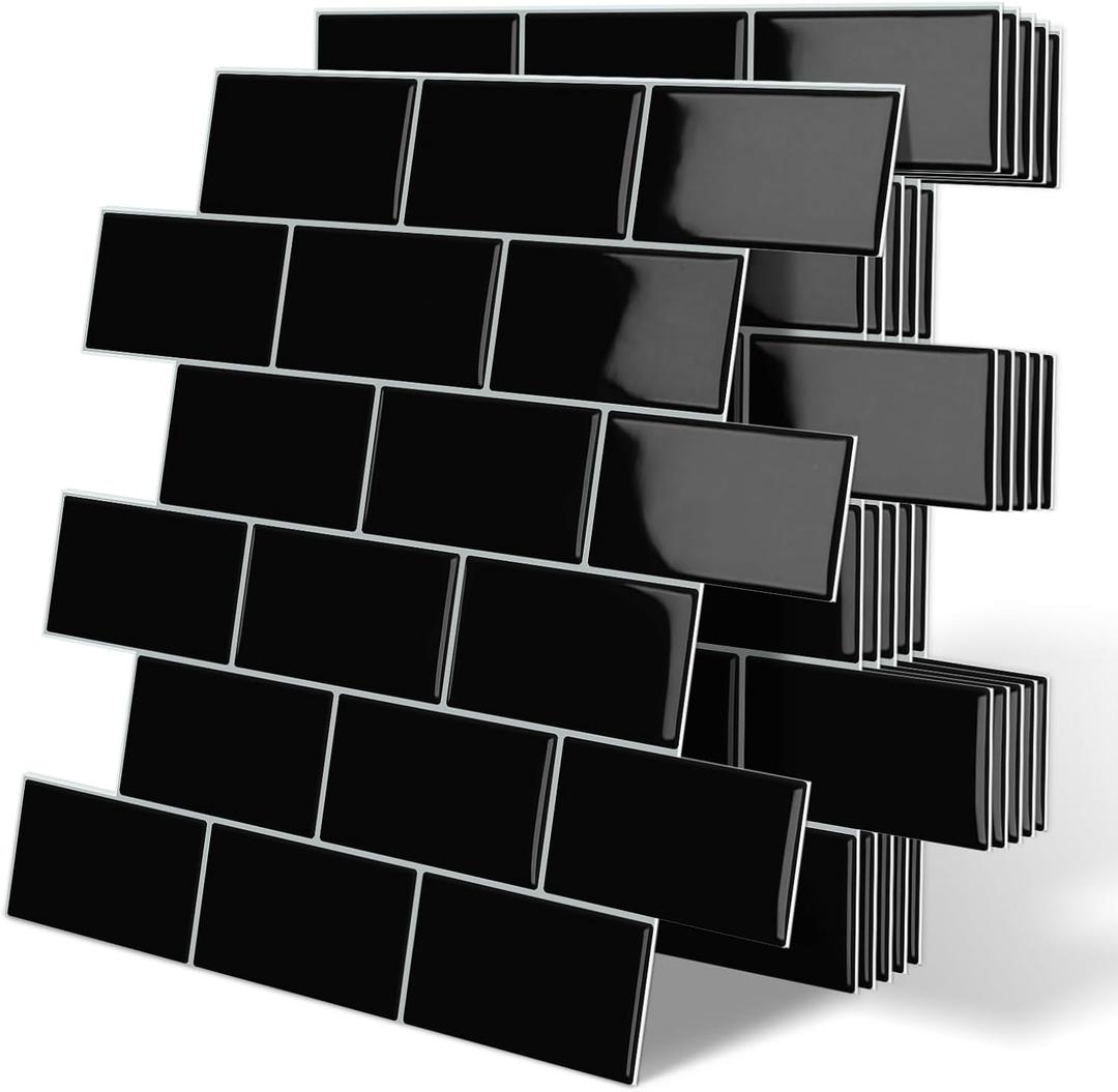 Thick Black Peel and Stick Subway Tile Backsplash Self Adhesive for Kitchen Bathroom Wall (10-Sheet, 12"x12")