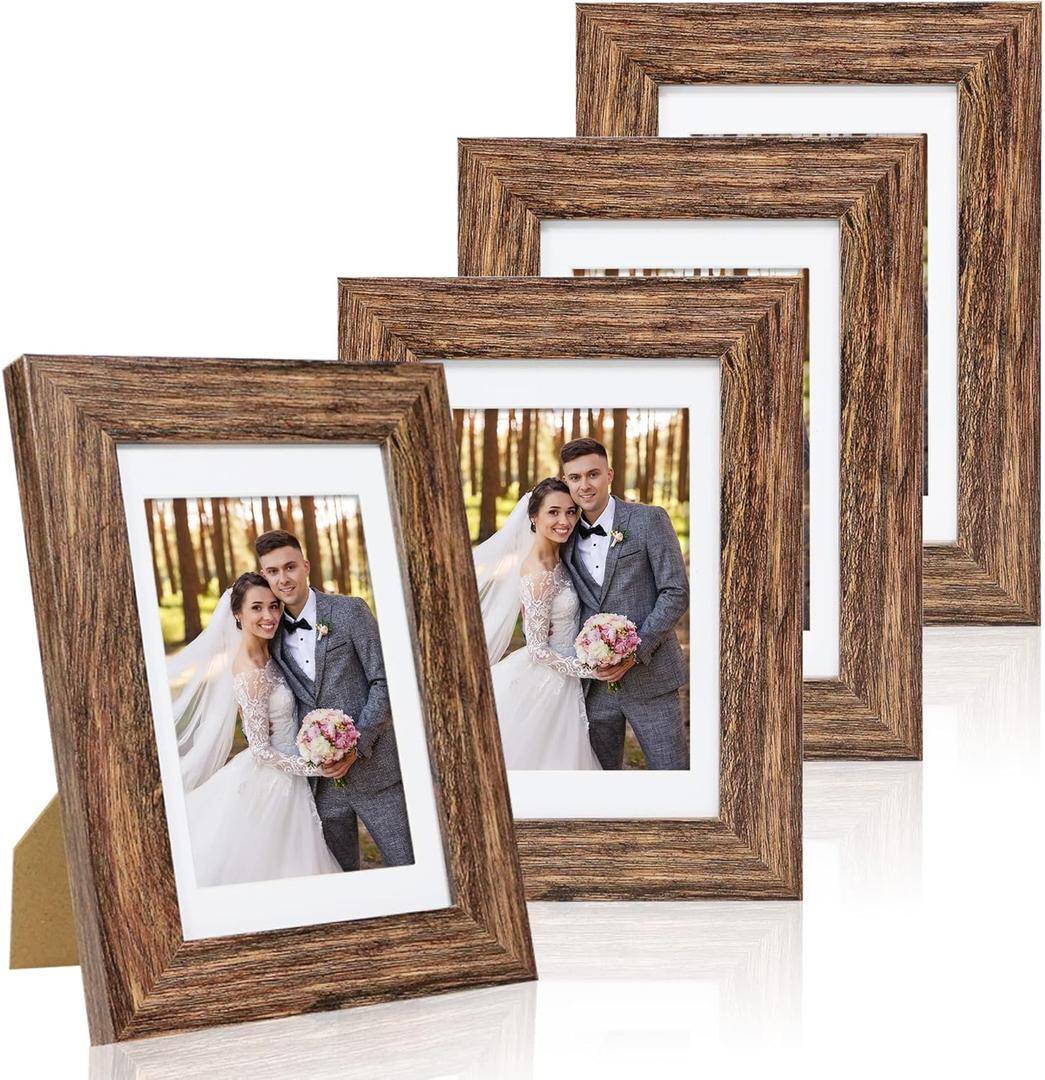 4x6 Picture Frame Set of 4, with Real Glass and Rustic Brown Wooden Frame, 4 by 6 Photo for Wall or Tabletop - Display Picture 3.5x5 with Mat or 4x6 Without Mat