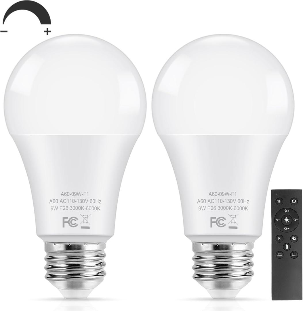 TOBUSA A19 LED Light Bulbs with Remote, 9W LED Bulbs 60W Equivalent, 3000K-6000K Dimmable Bulbs with E26 Base, 900 Lumens Light Bulbs with Timing, Memory Function, Ideal Lighting for Home, 2 Packs