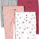 Simple Joys by Carter's Baby Girls' 4-Pack Pant (0-3 Months, Grey/Pink/Plum/White Flowers)
