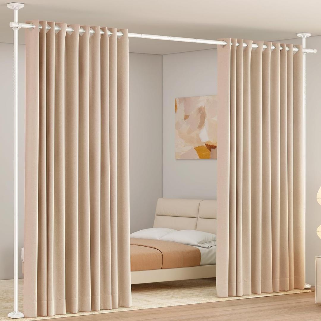 Room Divider Curtain Rod, No Drilling Room Separator for Space Partition Adjustable 4-10ft(H) 28-70inch(W) Heavy Duty Temporary Wall Divider Floor to Ceiling Tension Rod, White