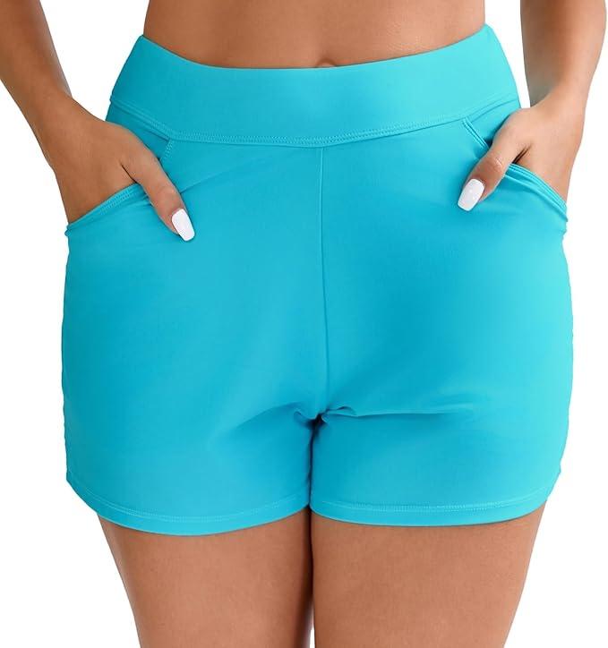 Halcurt Women's 3" High Waisted Swim Board Short with Liner Pokcet Boyshorts Swimsuit Bottoms, L