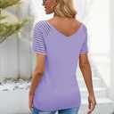 AISEW Womens Short Sleeve V Neck T-Shirt Striped Sheer Mesh Raglan Tees Loose Casual Tops (1199Purple, Small) (Purple, S)