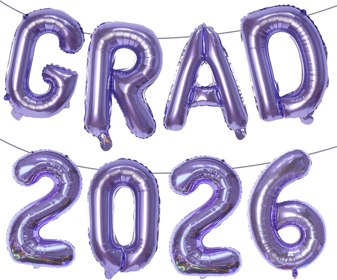 2 x KALOR Purple GRAD 2026 Banner Balloons, 16 Inch Mylar Foil letter Graduation Balloons 2026 Sign for Graduation Party Decorations, 8 Count