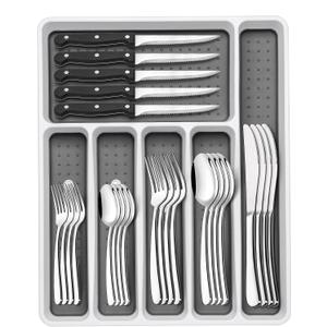 49-Piece Silverware Set with Organizer, Heavy Duty Stainless Steel Flatware Set for 8, Cutlery Utensil Sets with Steak Knives, Rust-proof, Mirror Polished, Dishwasher Safe, Heavy Duty