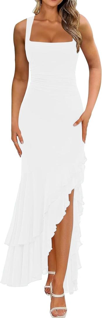 BORIFLORS Women's Elegant Bodycon Ruched Maxi Cocktail Dress Mesh Sleeveless Mermaid Ruffle Beach Wedding Guest Long Dresses, Small, White