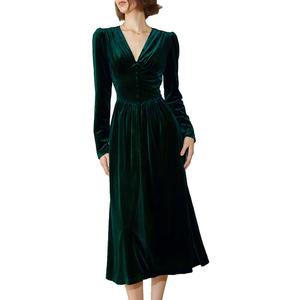 xxxiticat Women's Puff Sleeve Velvet Dress Long Lantern Sleeve V Neck Button Ruffle Pleated Single Breasted Maxi Party Dress Size M