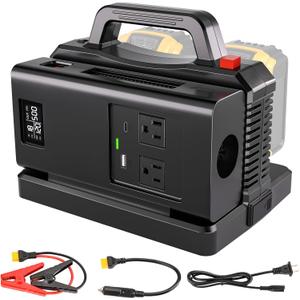 Adisipsoarin 500W Pure Sine Wave Power Inverter for DeWalt 20V Battery, 2Ports DC 20V to AC(2 Outlets) 120V Car Charger Plug Inverter Adapter Converter for Camping, Travel, Emergencies(Tool Only)