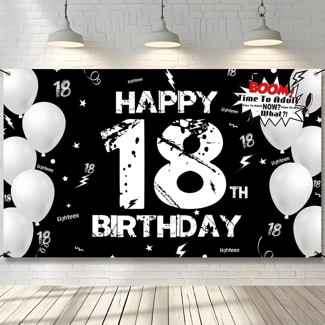 18th Birthday Decoration for Men Women, Fabric Happy 18th Birthday Backdrop Banner Black White, 18 Year Old Birthday Party Yard Sign Photo Booth Props Decor Supplies for Boys Girls