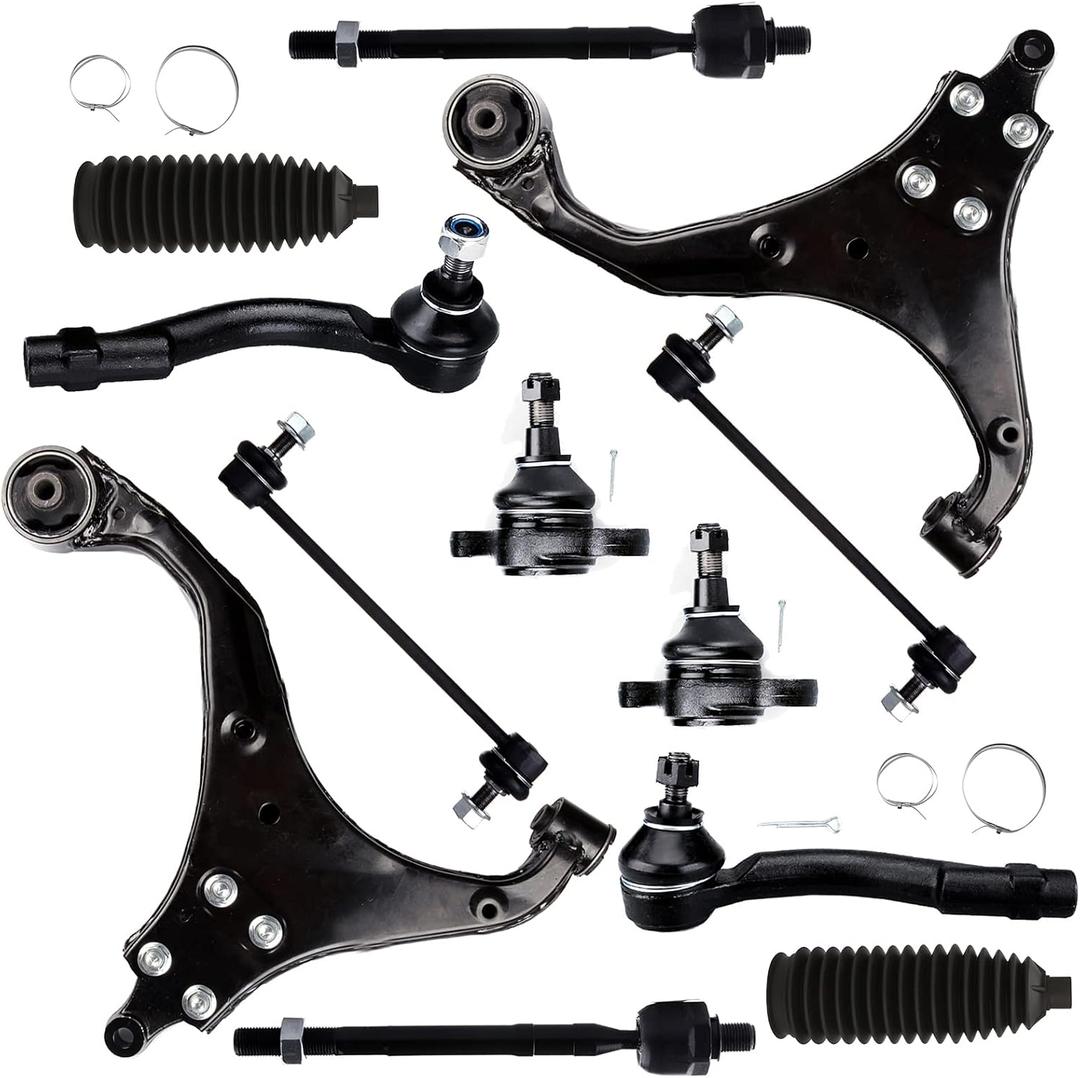 SCITOO 12pcs Front Suspension Kit Lower Control Arm Inner Outer Tie Rod End Sway Bar Link Lower Ball Joint Steering Rack Boot Fit 2005-2009 For Hyundai Tucson 2005-2010 For Kia For Sportage