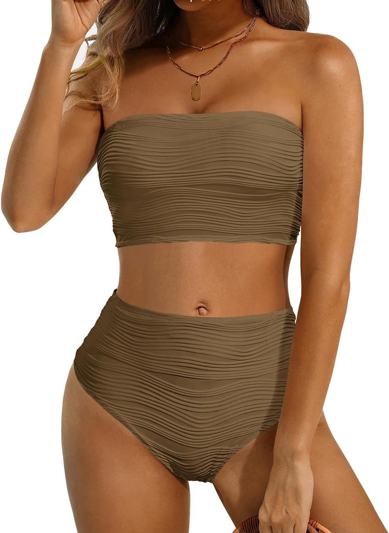 High Waisted Bandeau Bikini Set - Women Strapless Two Piece Swimsuits Ribbed Longline Full Coverage Bathing Suits Swimwear (Medium, Brown)