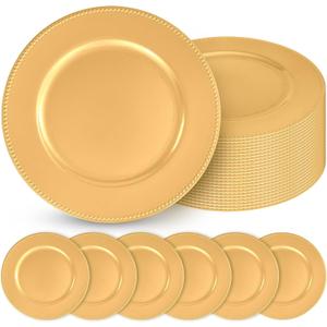 Teruntrue 24 Pcs Gold Charger Plates with Beaded 13 Inch Plastic Charger Plates for Dinner Plate, Gold Chargers for Table Setting, Round Chargers Plate for Wedding Party Holiday Event Tabletop Decor