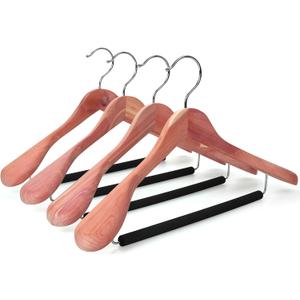 TOPIA HANGER Unfinished American Red Cedar Wood Coat Suit Hangers, Luxury Wooden Jacket Clothes Hangers, Wide Shoulder with Black Padded Pant Bar- 360Flexible Hook, 4 Pack- Natural- CT07W
