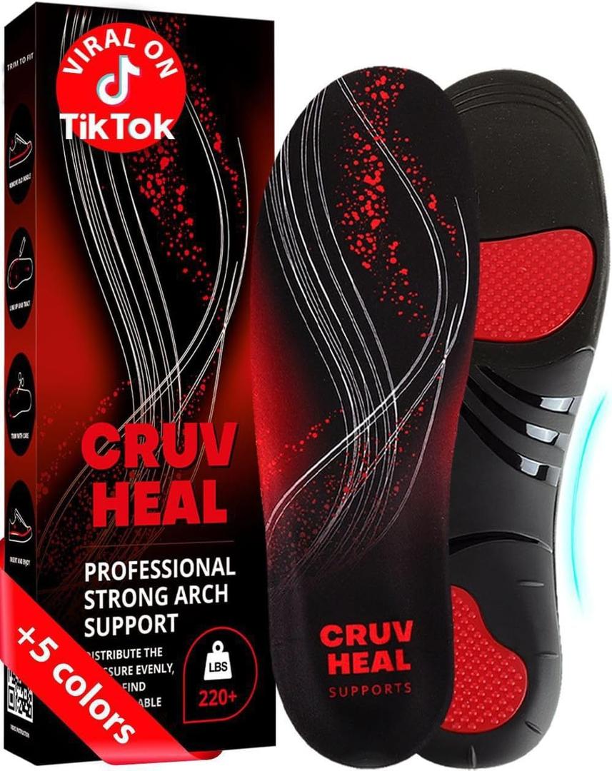 CRUVHEAL 220+ lbs Plantar Fasciitis High Arch Support Insoles Men Women - Orthotic Shoe Inserts - Boot Work Shoe Insole (L, Black) (L(Men 11-12.5/Women 12-13.5))