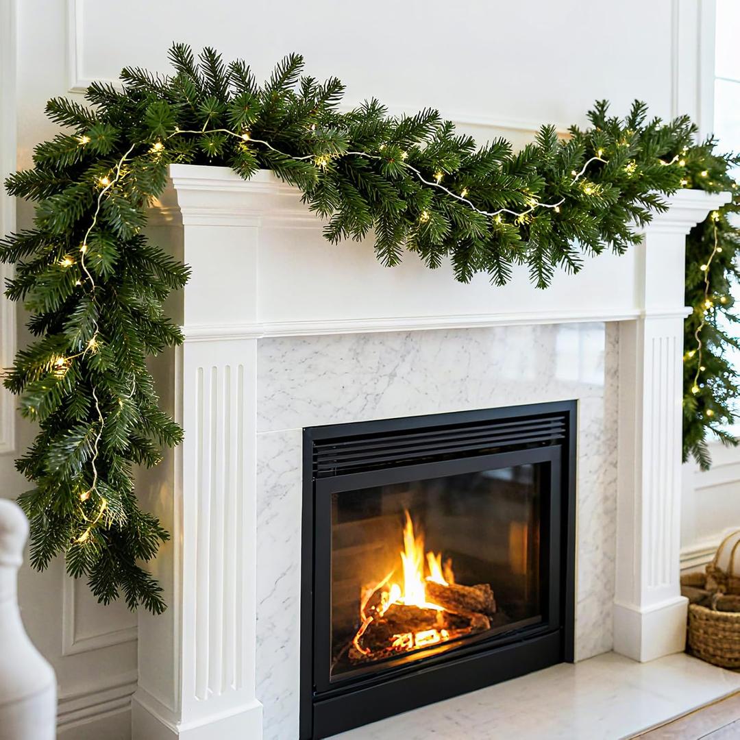 8FT Artificial Norfolk Pine Garlands,Real Touch Artificial Greenery Garland with LED, Suitable for Table, Mantle, Wall,Indoor Outdoor Holiday Winter Christmas Decorations