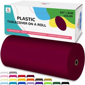 54IN X 320FT Plastic Table Cover Roll with Cutter Box, Cut to Size Plastic Table Cloths for Parties, Birthday, Disposable Tablecloth Roll for All Shape Tables (Burgundy, 54 Inch X 320 Feet)