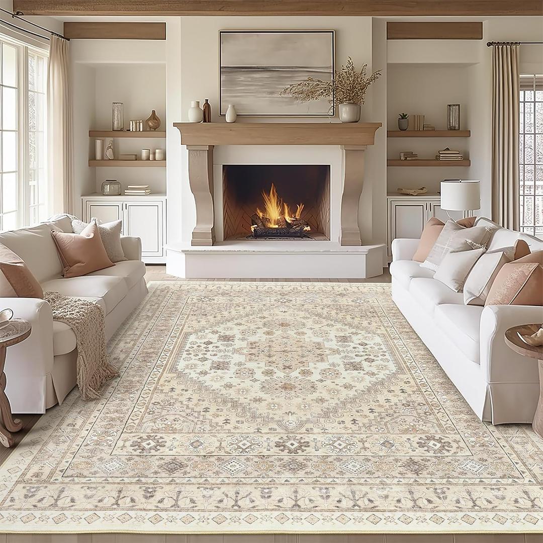 zesthome 8x10 Area Rugs for Living Room,Non-Slip Backing Washable Rugs,Vintage Large Area RugStain Resistant Home Decor Rug (Cream/Beige)