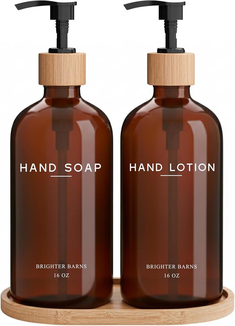 Amber Glass Soap and Lotion Dispenser Set with Tray by Brighter Barns - Hand Soap Dispenser Bathroom Set - Glass Bottles with Pump - Bamboo Home Accessories & Modern Bathroom Decor for Airbnb (Amber)