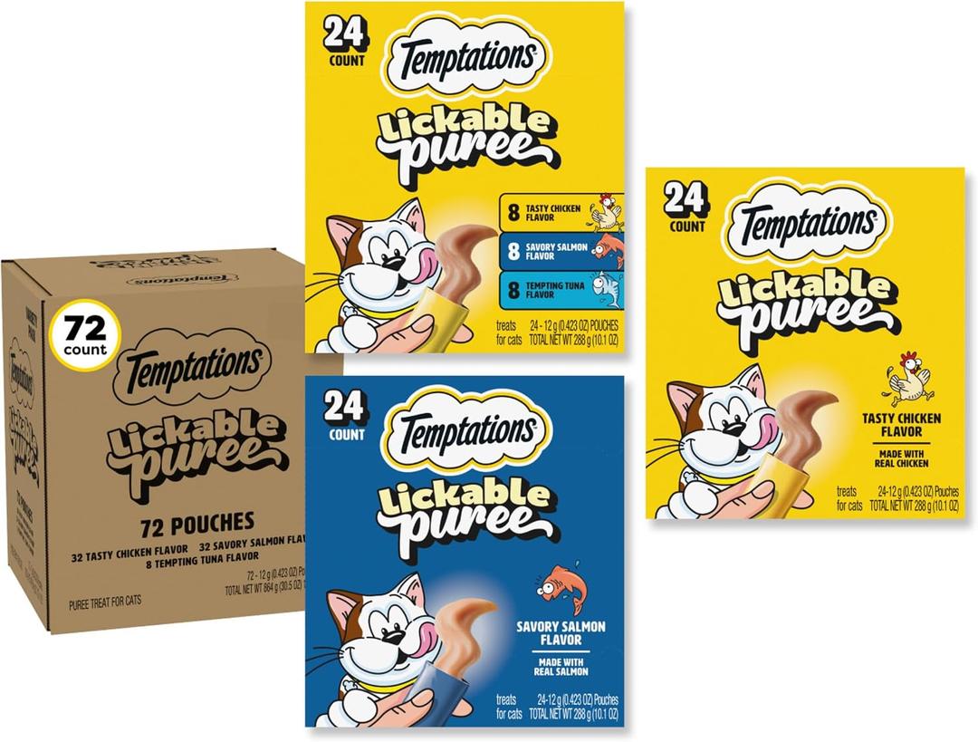Temptations Creamy Puree Cat Treats, Chicken, Salmon & Tuna, 72 Count | Chicken, Salmon & Tuna, under 15 cal/tube, no added sugar/fillers, meal topper or hand-feed, wet squeezable treat (EXP 08/01/27)