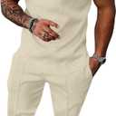 UOUA Men's Sweat Suits Set Tracksuit 2 Piece Outfits Short Sleeve Casual Sweatshirt & Loose Jogging Pants (Large, Beige)