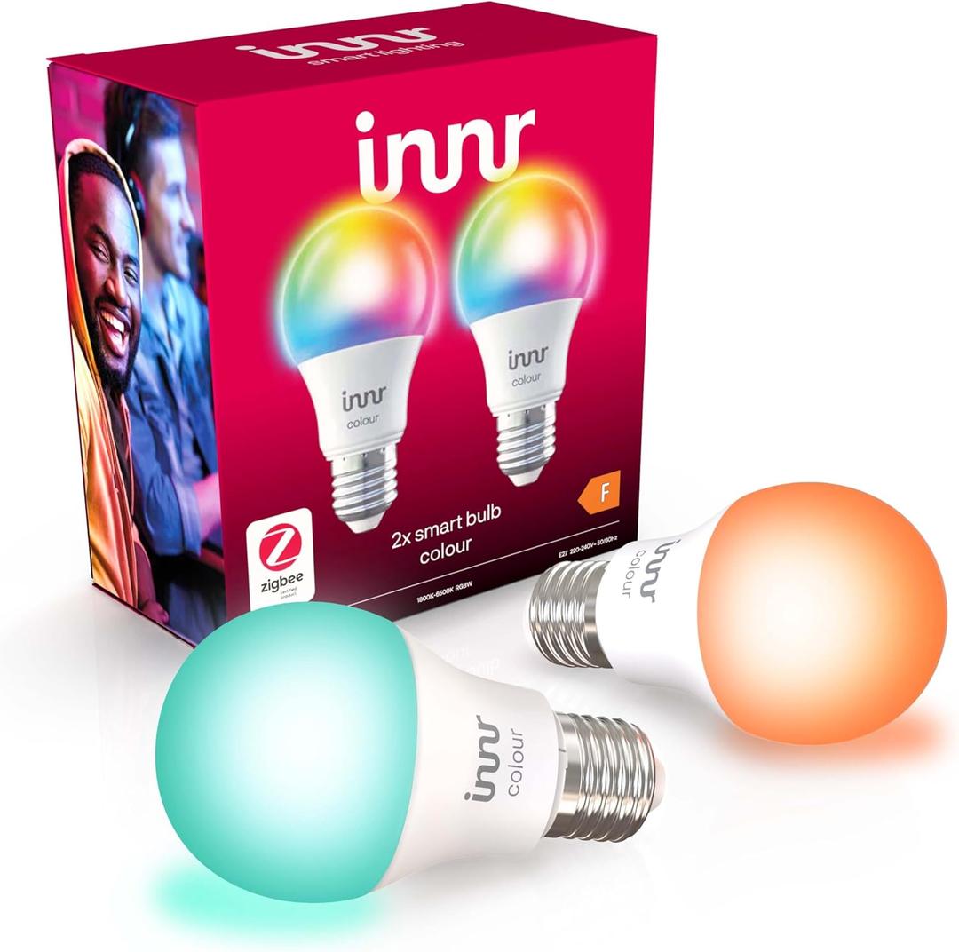 Innr Smart LED Bulb, E27, Zigbee, White and Color, Works with Hue*, Amazon Echo (4th Gen.), Voice Control with Alexa, Hey Google (Bridge Required), RGBW, White 1800K-6500K, Dimmable, 2-Pack [Energy Class F]