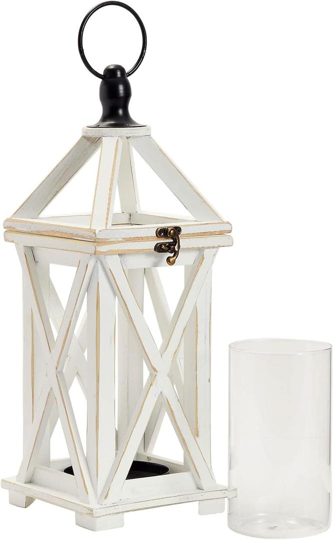 Farmlyn Creek Wooden Decorative Lantern Candle Holder with Glass Hurricane for Fireplace, Rustic Tabletop Decor (White, 6 x 15 in)