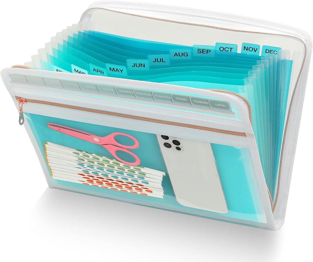 H4D 13 Pocket Expanding File Folder Organizer with Front Clear Pounch, Accordion File Organizer with Zipper Clourse, Fit for Letter Size Papers, Teal