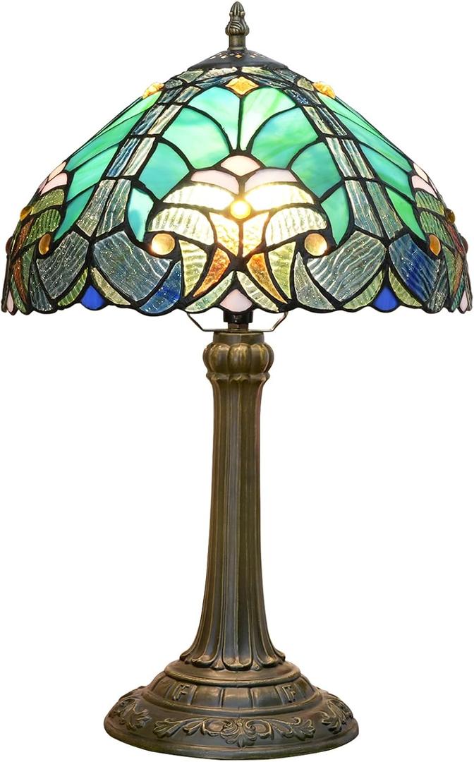 Tiffany Lamp Green Liaison Style Stained Glass Table Lamp W12H18 Inch Antique Table Lamp Metal Base Desk Reading Light for Living Room Bedroom Bar Art Craft