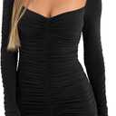 GOBLES Women's Elegant Long Sleeve V Neck Ruched Bodycon Mini Party Cocktail Dress (Large, Black)