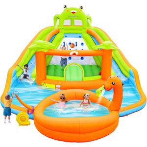 Inflatable Water Double Slides Park with Blower, Bouncy Castle with Water Cannon, Dino Pool, Frog Castle, Climbing Wall, Basketball Hoop, Backyard Water Park for Kids
