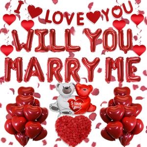 Will You Marry Me Balloons - 546 Pcs Red Letters Foil Balloon With Heart-Shaped I Love You Proposal Banner Rose Petals For Romatic Engagement Wedding Valentine's Day Confession Decorations
