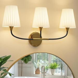 Lanxithen Bathroom Light Fixtures Over Mirror, 3 Light Vanity Light for Bathroom, Black Gold Vanity Light Fixtures with Flared Ivory White Fabric Shade, E26 Socket Modern Sconce Wall Decor(ETL Listed)