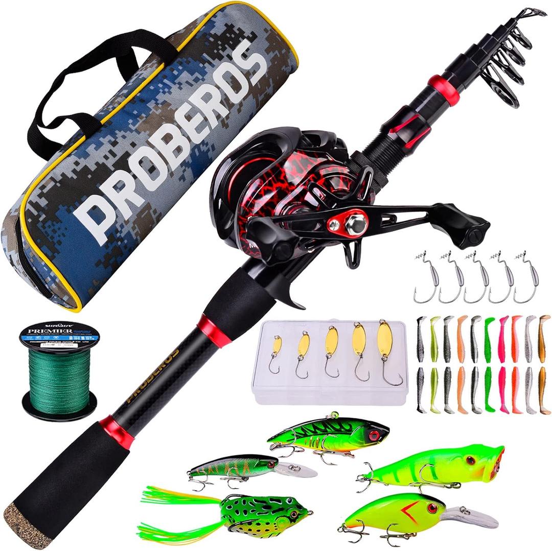 Fishing Rod and Reel Combo, 6.9ft Carbon Fiber Telescopic Fishing Pole with Spinning/Baitcasting Reel Combos, Sea Saltwater Freshwater Ice Bass Fishing Tackle Set Fishing Rods Kit