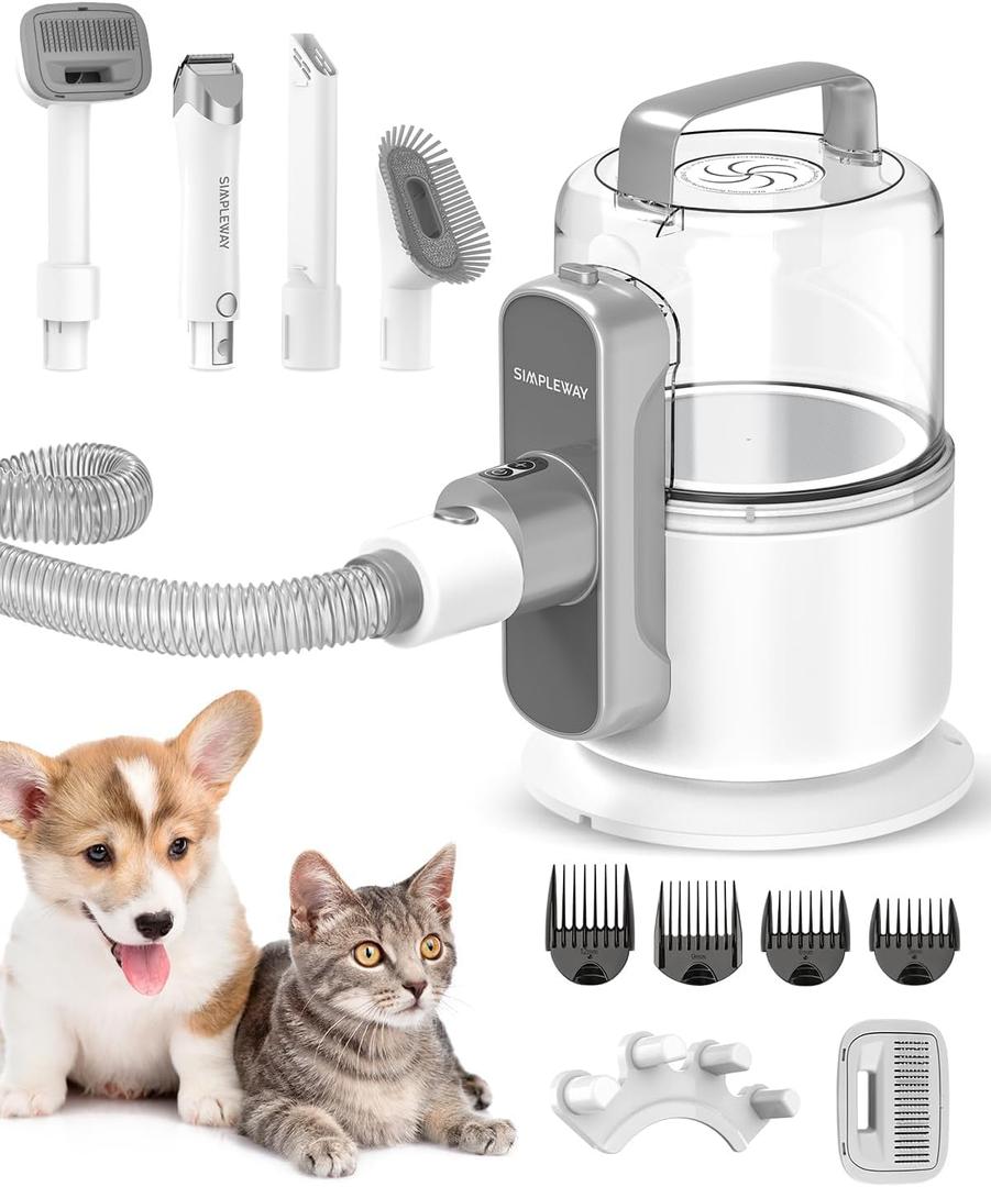Dog Vacuum Grooming Kit for Shedding: Professional Hair Clippers Pet Groomer - Strong Suction Cleaner Deshedding Tool Fur Brush Attachment Trimmer for Home Cat (Cream White)