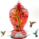 WOSIBO Hummingbird Feeder for Outdoors Patio Large 32 Ounces Colorful Hand Blown Glass Hummingbird Feeder with Ant Moat Hanging Hook, Rope, Brush and Service Card (RED-Firework)