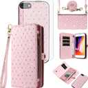 Phone Case for iPhone 7/8/SE 2020/2022 Zipper Wallet Cell Cover with Screen Protector Strap Glitter Flip Card Holder Slot iPhone7 i SE2020 SE2022 2/2nd/3/3rd Generation SE2 SE3 7SE 8SE Women Rose Gold