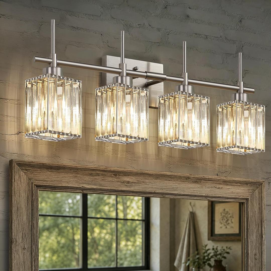 Torondo Modern Crystal Bathroom Vanity Light 4-Light Brushed Nickel Bathroom Light Fixtures Over Mirror Vanity Lighting Fixtures Square Shade Wall Sconce (Bulbs Not Include)
