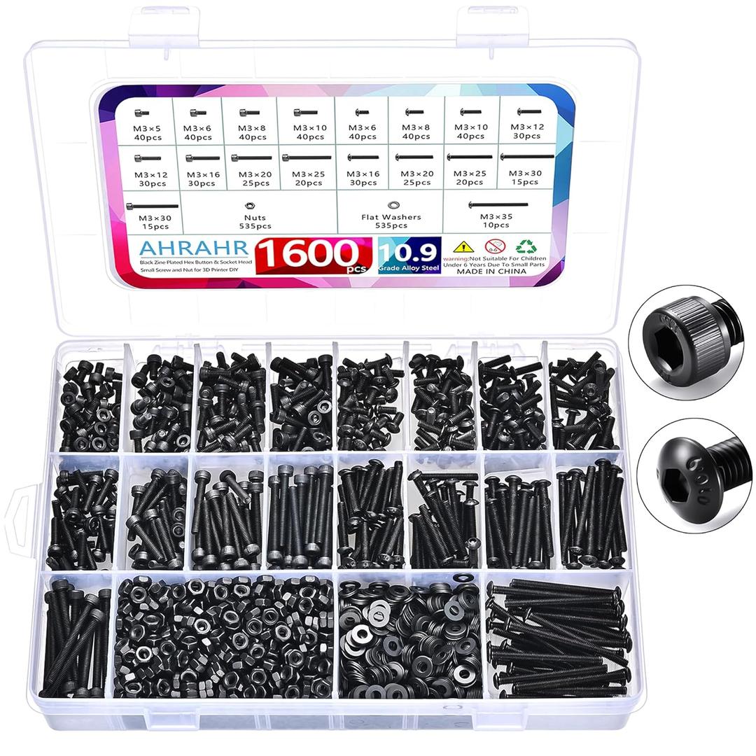 1600Pcs M3 Screw Kit, 12.9 Grade Alloy Steel Hex Socket Button & Cap Head Metric Screw Assortment M3 Bolts and Nuts Washers Kit Black Small Machine Screw Set for 3D Printing Visit the Besitu Store
