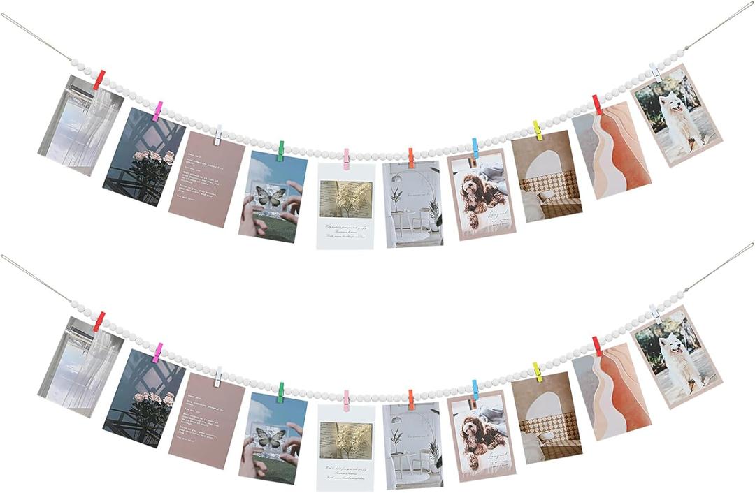 Hanging Photo Display with Clips, Boho Wooden Bead Garland Collage Picture Frame Wall Decor, Photo String with 10 Different Random Colors Wood Clips for Bedroom Room Decor, Christmas Teen Girls Gifts (Multicolor)