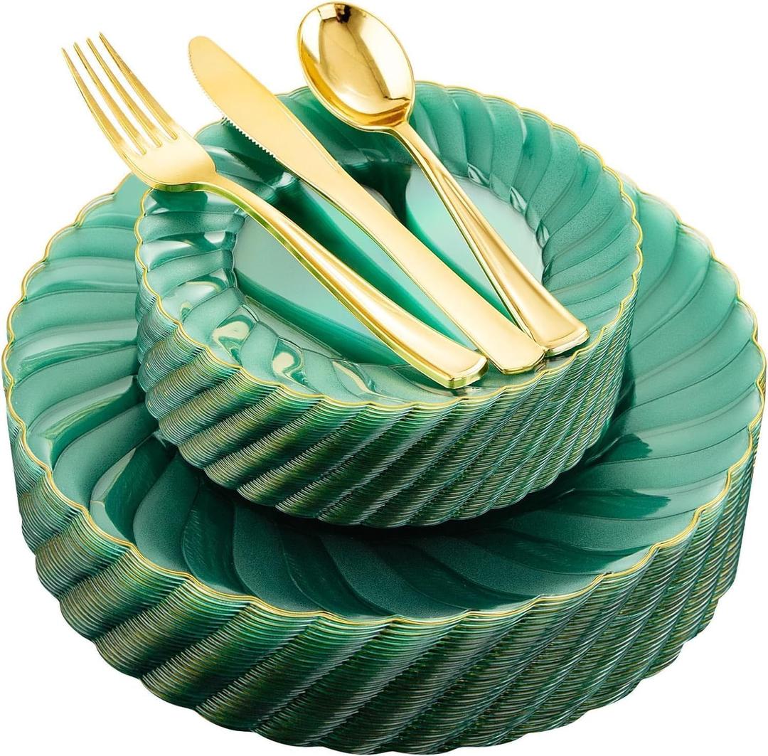 YOUBET 125PCS Clear Green Plastic Plates with Gold Rim - Green and Gold Plastic Plates Include 25 Dinner Plate 25 Dessert Plate 75 Disposable Silverwares for Wedding & Party
