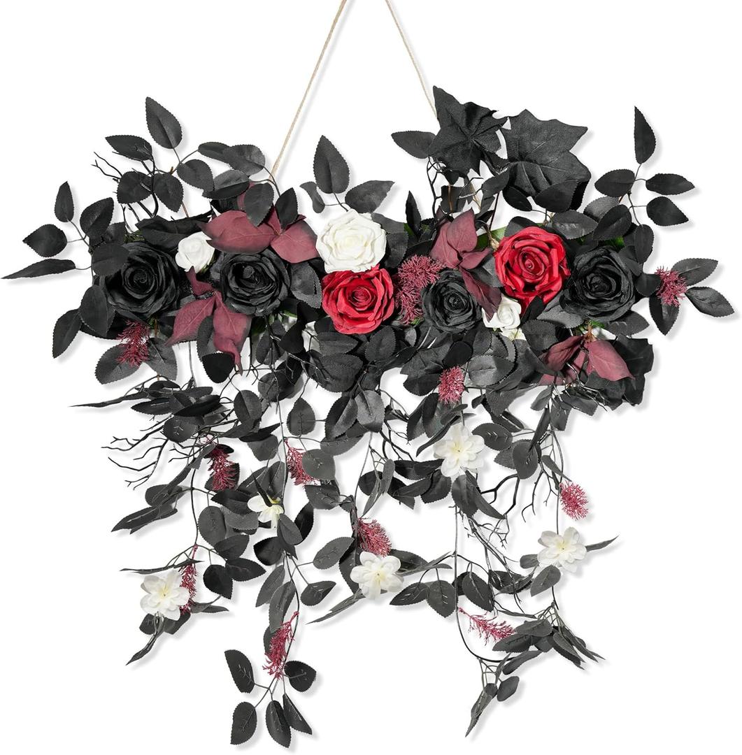 Wedding Arch Flowers,Floral Swag Hanging Black Flowers Artificial Flower Garland for Ceremony Reception Wall Party Backdrop Fireplace Wall Front Door Wedding Table Halloween Decor (Black)