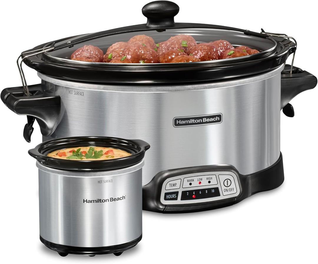 Hamilton Beach Programmable Stay or Go Slow Cooker, 7 Quart Capacity, Includes 20 oz. Party Dipper Food Warmer, Silver, R33477 
