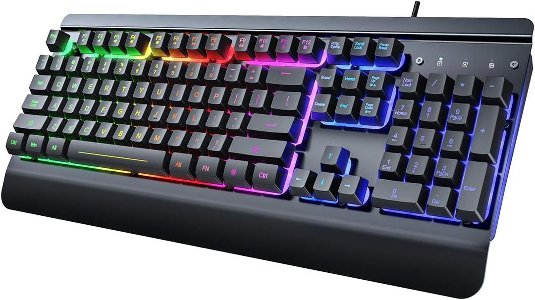 RisoPhy Gaming Keyboard, 104 Keys All-Metal Panel, Rainbow LED Backlit Silent Computer Keyboard, Wrist Rest, Multimedia Keys, Anti-Ghosting, Waterproof Light Up Wired Keyboard for PC Mac Gamer (black)