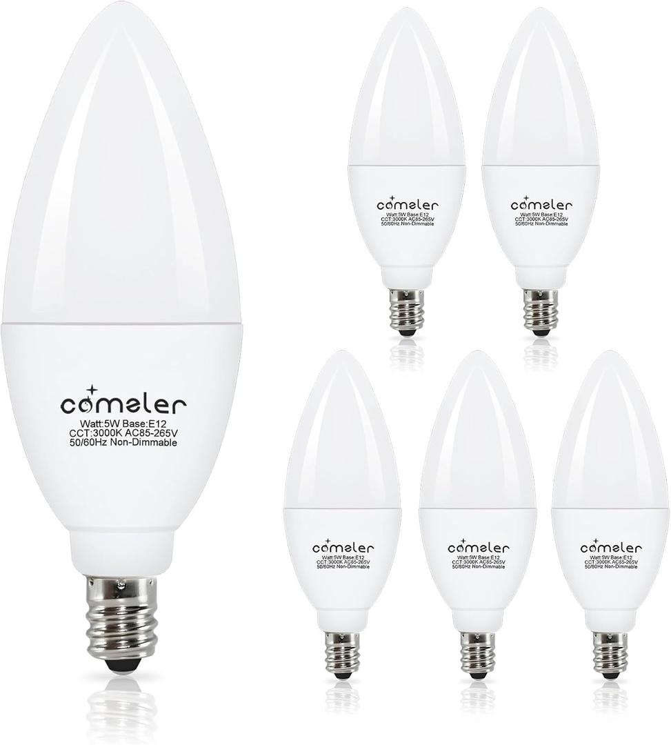 comzler E12 LED Candelabra Bulbs, B11 Ceiling Fan Light Bulbs, 5 Watt 60 Watt Equivalent 3000K Soft White Chandelier Light Bulbs, Candle Bulb Small Base Non-Dimmable, 6 Pack