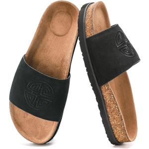 Women's Suede Slide Sandals with Arch Support,Cork Comfortable Summer Flat Sandals for Women 2025 Beach Vacation Shoes,Cute Dressy Sandals Outdoor Slippers